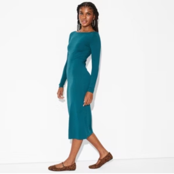 Wild Fable Dark Teal Green LS Boat Neck Midi Dress Size 3X NWT P2P 26 In - Picture 1 of 3